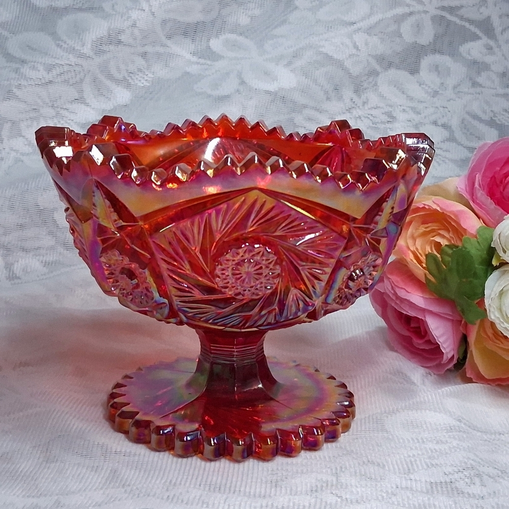 Vintage L.E. Smith Ruby Red Aztec Pinwheel Iridescent Carnival Glass Compote